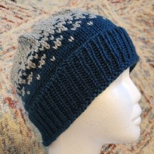 Hand Crafted knit ribbed cuff beanie hat in navy and gray Size Kids M - L